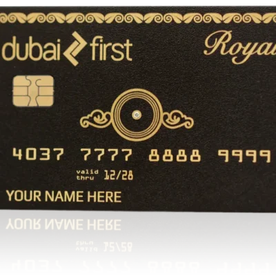 Dubai first royale credit card with lion graphic, gold and black design, premium membership, exclusive benefits, luxury travel rewards, strong security features.