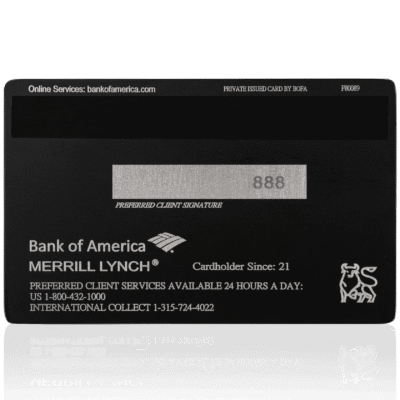Bank of America Merrill Lynch credit or debit card with black design, signature strip, bank logo, and lion emblem, highlighted for financial services, credit cards, and banking solutions.