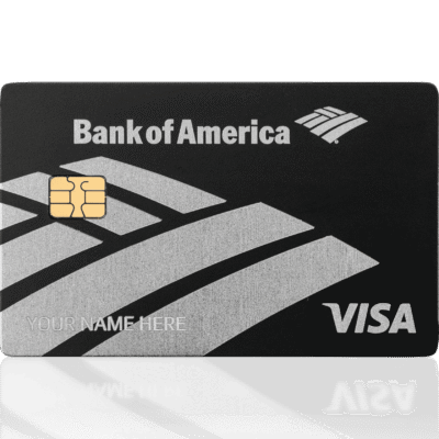 VISA credit card featuring Bank of America branding and modern design with chip technology, black background, and silver accents, suitable for secure banking and financial transactions.