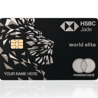 Black HSBC Jade World Elite Mastercard with a geometric lion design, gold chip, customizable name section, and silver Mastercard logo, emphasizing luxury, credit cards, and exclusive banking services.