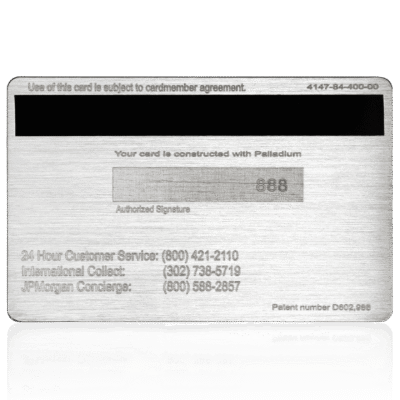 Palladium-based credit card featuring a sleek metallic design and security features, used for premium financial services and rewards.