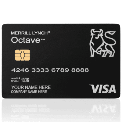 VISA Black Lion Card featuring the Merrill Lynch Octave branding, with a sleek black design, gold chip, and a stylized lion logo, ideal for premium financial transactions and rewards.