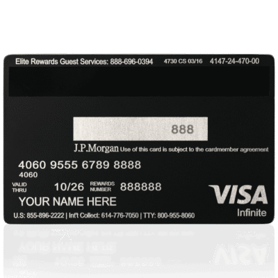 VISA Infinite credit card featuring J.P. Morgan, black design with embossed card number, expiration date, rewards number, and cardholder name, showcasing premium banking and rewards services for affluent customers.