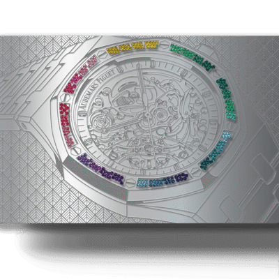 Colorful luxury watch with rainbow gemstone accents, intricate mechanical design, and sleek silver finish, symbolizing premium quality and craftsmanship in timepieces.