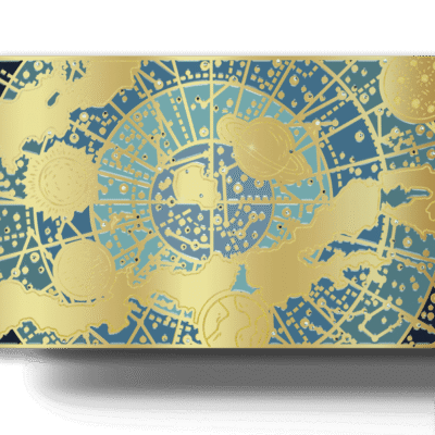 Gold and blue geometric galaxy-themed design on a digital currency card, symbolizing advanced technology and space exploration. Perfect for digital banking, cryptocurrency, or futuristic payment solutions.