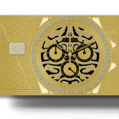 Gold luxury credit card with embedded gemstones and intricate clock design, representing exclusivity and premium financial services from Lion Card.