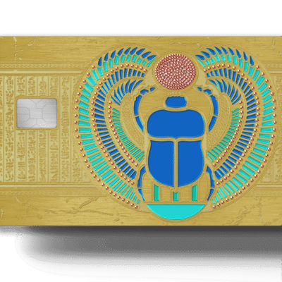 Embedded Egyptian scarab motif on a gold background with intricate hieroglyphics, representing luxury and cultural heritage—ideal for a premium Lion Card gift or collection item.