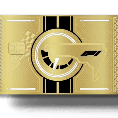 Gold F1 racing card with Lamborghini design, F1 logo, racing clock, and embedded chip, representing luxury racing-themed crypto or membership card.