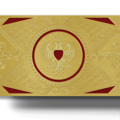 Gold Lion Card with intricate embossed design and a heraldic emblem at the center, featuring a shield and two lions, symbolizing prestige and security, ideal for secure identification or access.