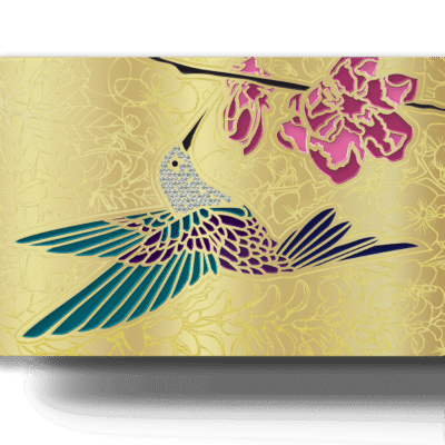 Shimmering gold-plated Lion Card featuring an intricately designed hummingbird and floral motifs, perfect for high-end loyalty programs and exclusive rewards with elegant, luxurious appeal.
