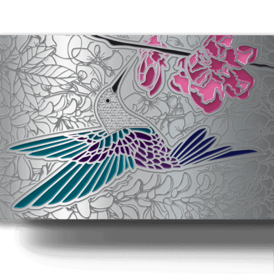 Hummingbird with floral background design on a silver Lion Card, innovative metallic card with colorful accents, ideal for rewards and membership programs, showcasing premium quality and artistry.