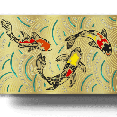 Koi fish illustration on a gold card with decorative patterns and embedded rhinestones, representing luxury and elegance in collectible card design.