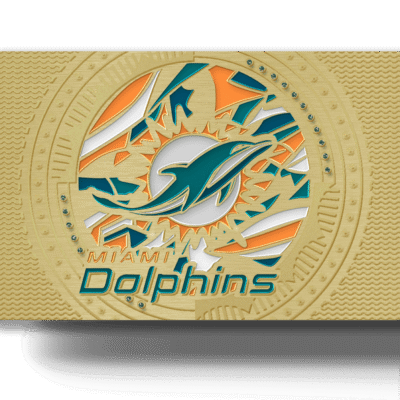 Gold Miami Dolphins-themed gift card featuring the team's logo and vibrant colors, ideal for sports fans and Miami Dolphins enthusiasts. Perfect for gifting or personal use.