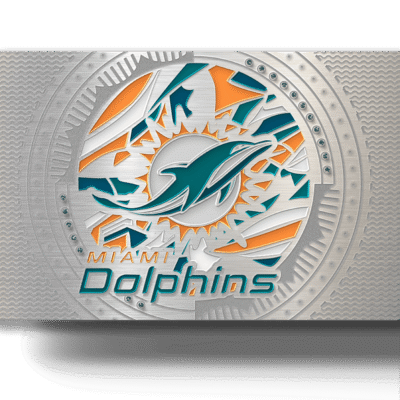 Miami Dolphins collectible card with metallic design and team logo, perfect for sports fans and Dolphin enthusiasts.