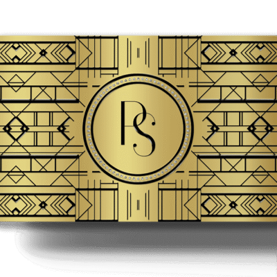 Gold and black loyalty or reward card with intricate geometric patterns and a central emblem featuring the letter ‘P’ and ‘S’ surrounded by a circle of small diamonds, designed for premium rewards or membership programs.