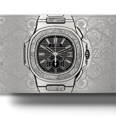 Luxurious silver watch engraved with intricate mechanical patterns, featuring a detailed black dial, chronograph, and date display, illustrating premium design and craftsmanship.