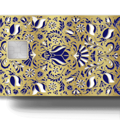 Luxurious gold and blue floral patterned Lion Card with intricate laser cut design and embedded chip, offering premium benefits and security for cardholders.