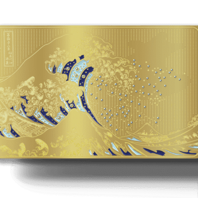 Vintage gold patterned credit card with a famous Japanese wave design and embedded rhinestones, representing luxury and elegance.