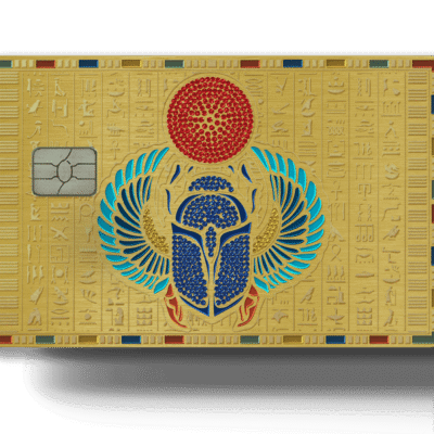 Golden Egyptian hieroglyphic-themed Lion Card with a colorful scarab beetle design and embedded chip, representing a premium travel or loyalty card with cultural significance.