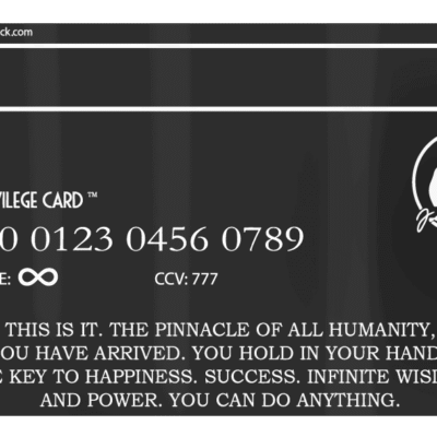Luxury white privilege card with Joel Patrick signature, black background, modern design, exclusive membership, motivational message, high-quality graphic, inspirational access card, premium user privileges, unique ID card.
