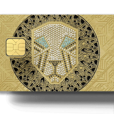 Lion Card with a gold and black lion head design, encrusted with sparkling diamonds and blue accents, representing luxury and exclusivity. Perfect for high-end payments and rewards, embodying strength and prestige.