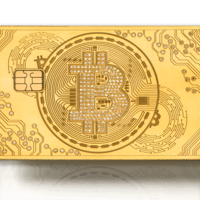 Digital gold Bitcoin card with circuit design and embedded diamonds, representing cryptocurrency and blockchain technology. Perfect for crypto enthusiasts and digital currency collectors.