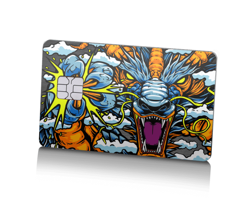 Fierce dragon graphic on a modern Lion Card with vibrant colors and bold artwork.