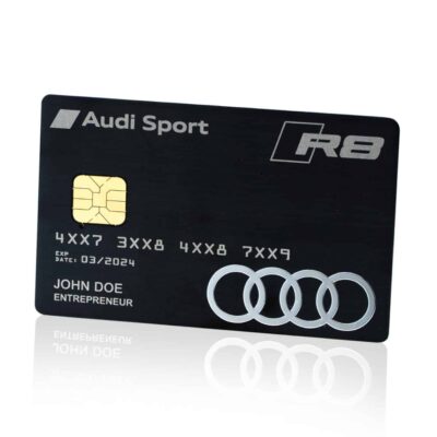 Premium Audi Sport R8 loyalty card featuring black design and silver Audi rings, ideal for Audi enthusiasts and car owners for exclusive rewards.