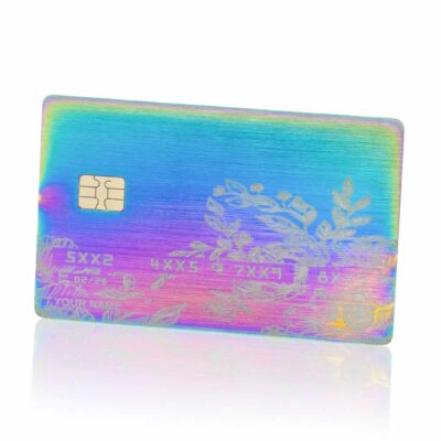 Colorful holographic lion card with floral design, embedded chip, customizable information space, and vibrant rainbow sheen for trendy, modern branding or personalized gift purposes.