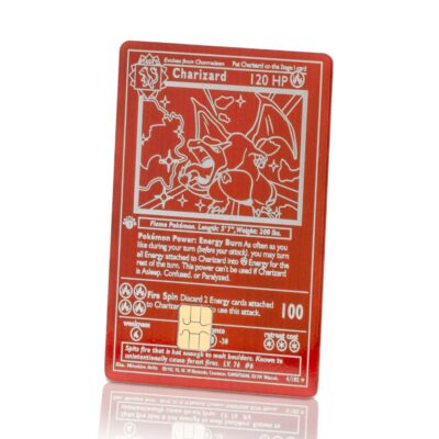 1. A red Pokémon trading card featuring Charizard with 120 HP, showcasing detailed artwork and game stats for collectors and gamers.