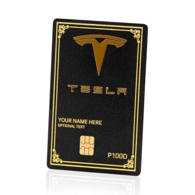 1. Gold and black Tesla-themed Lion Card with customizable name and secure chip, perfect for digital payments and exclusive rewards.