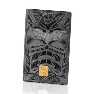 1. Batman-themed Lion Card with intricate black and silver design, featuring a gold chip for secure transactions and exclusive DC Comics branding.