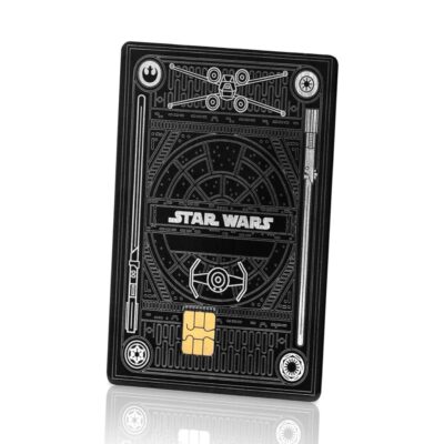 Star Wars themed credit card with sleek black design and gold chip, featuring iconic Star Wars branding and futuristic circuit-like artwork for collectors and fans of the franchise.