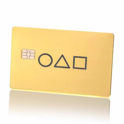 1. Gold-colored Lion Card with symbols representing various options or services, featuring a chip for secure transactions.