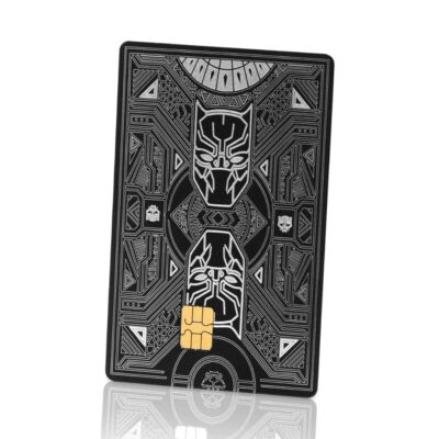 Futuristic black and silver Lion Card with intricate tribal and technological designs, embedded with a gold chip, representing security and innovation in digital payment solutions.