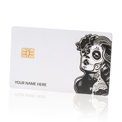 1. Sleek white Lion Card featuring a Day of the Dead style tattoo-inspired female skull illustration, customizable with your name for exclusive loyalty rewards.