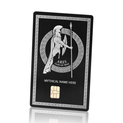 Ancient Greek-inspired black credit card featuring Ares, the god of war, with mythological design elements and chip technology for secure transactions.