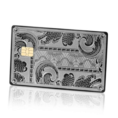 A laser-etched metal credit card featuring intricate wave patterns and designs, representing the premium Lion Card.