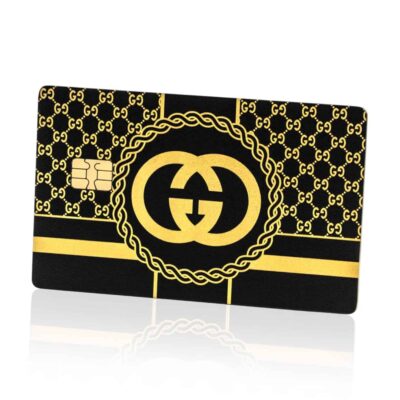 Luxurious black and gold Gucci-inspired card featuring iconic GG pattern and logo, perfect for premium membership, credit, or gift card uses, embodying high-end fashion and exclusivity.