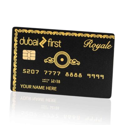 Luxury gold and black Dubai First Royal Card with EMV chip, showcasing premium payment solutions and exclusive privileges. Perfect for travelers and high-end consumers seeking elegance and security.