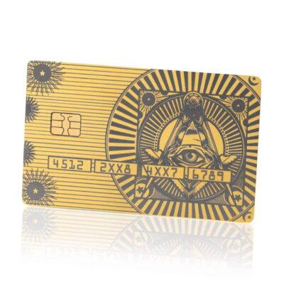 Unique gold Lion Card with mystical eye and celestial design, secure chip, ideal for loyalty or access, blending modern security with artistic symbolism, perfect for collectors and enthusiasts.