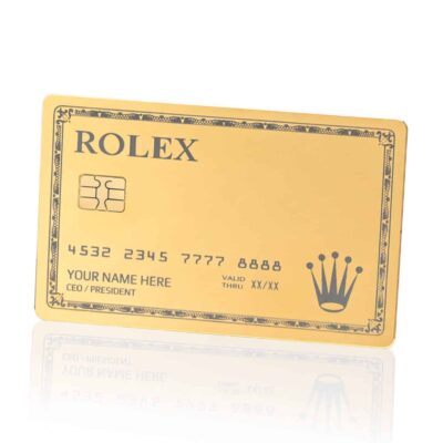 Golden Rolex-inspired loyalty card featuring luxury branding and sophisticated design for exclusive rewards and memberships. Perfect for premium customer experiences.