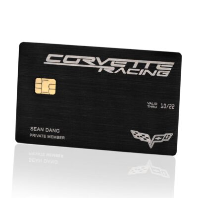 1. Custom Chevrolet Corvette racing membership card with VIP access, innovative design, and personalized name for car enthusiasts and motorsport fans.