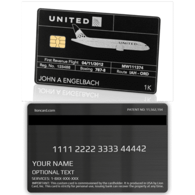 - Sleek black Lion Card with United Airlines branding and personalized passenger information, ideal for frequent flyer rewards and travel management.