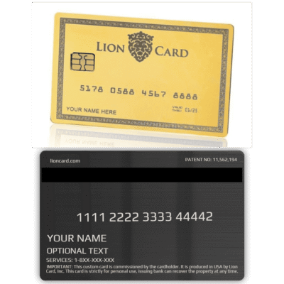 Golden Lion Card with embedded chip for secure transactions, designed for financial services and personal identification, showcasing the exclusive branding and customization options.