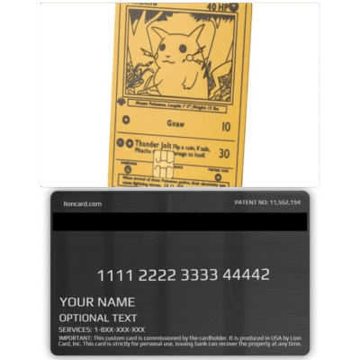 Pokemon-themed collectible card featuring Pikachu illustration, showcasing its stats and moves, designed for fans and collectors of Pokemon trading cards.