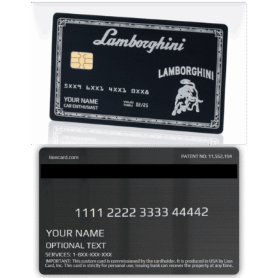 Secure Lamborghini-themed membership or loyalty card with personalized name space and optional text for car enthusiasts and luxury brand fans.