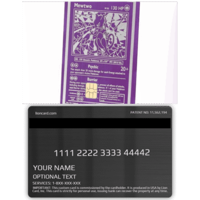 Purple Pokémon trading card featuring Mewtwo with attack details and health points.