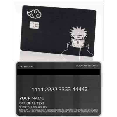 Black Naruto-themed Lion Card with a minimalist design, featuring Naruto Uzumaki's iconic face, a cloud symbol, and a chip for contactless payments. Perfect for Naruto fans and custom Lion Card collectors.
