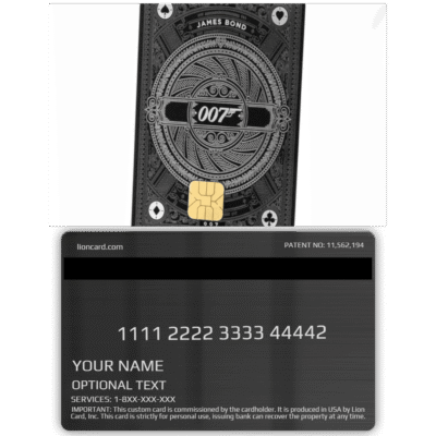 Black James Bond 007 themed custom card with intricate silver detailing and gold chip, representing luxury and exclusivity for personalized identity or membership purposes.
